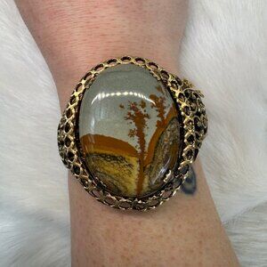 Vintage Owyhee Picture Jasper Cuff Bracelet Safety Chain